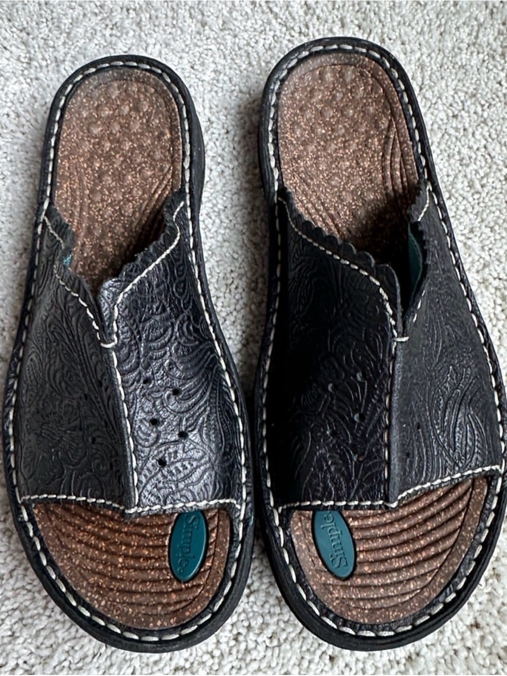 Simple Shoes Satire Black Tooled Leather Cork Slide Sandals Sz 8.5